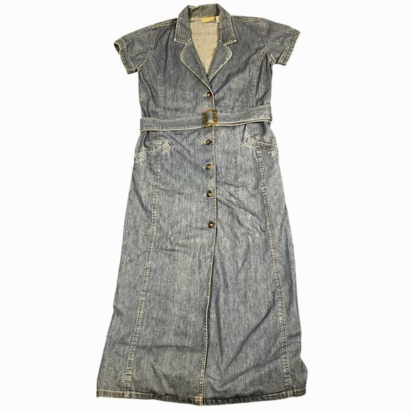 VTG Liz Claiborne Lizwear 14 Full Button Belted Medium Wash Short Sleeve Dress - Picture 1 of 7